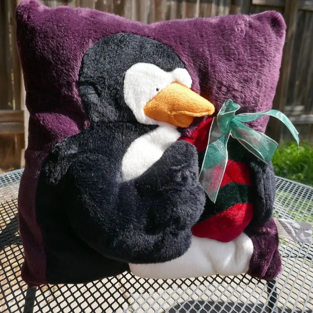 3-D Penguin Plush Pillow Christmas Winter Present Bow Purple 13 inch Vintage